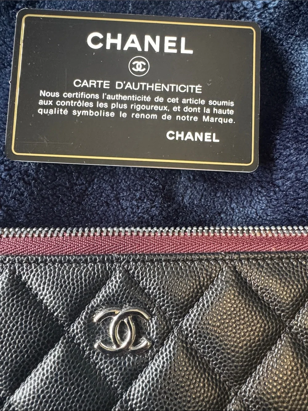CHANEL Black Quilted Caviar Leather Zip Pouch with Burgundy Trim